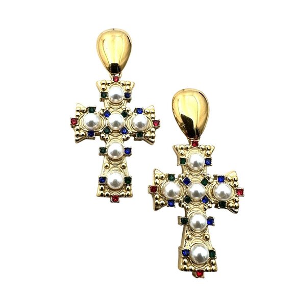 Womens Cross Earrings Rhinestone Faux Pearl Gold Plated Pierced Chandelier - Picture 5 of 8